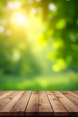 Aufkleber - A minimalist wooden table top is devoid of clutter, showcasing a vibrant green abstract design amidst warm sunlight and natural beauty._00001_