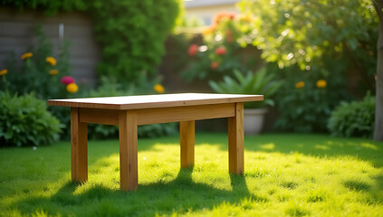Aufkleber - A minimalist wooden table sits empty on a lush green lawn with a garden backdrop for a product display setup._00002_