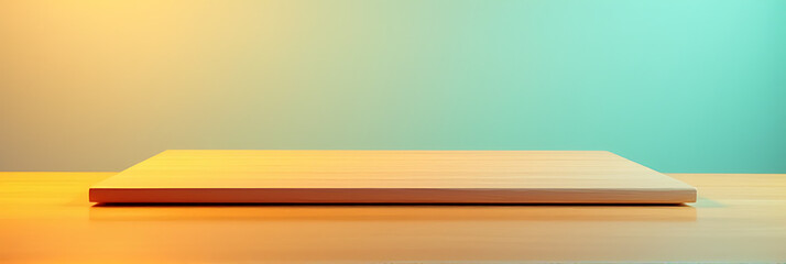 Aufkleber - A minimalist wooden table has a smooth, vibrant orange finish that complements its empty, glossy surface on a colorful pastel background._00001_