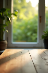 Poster - A minimalist wood table is visible through a blurry green garden view from a window in the morning light._00002_