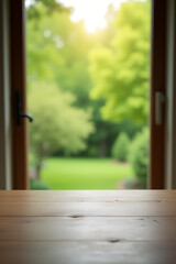 Poster - A minimalist wood table is visible through a blurry green garden view from a window in the morning light._00001_