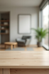 Aufkleber - A minimalist table with an empty wood surface sits in a blurred background of a modern, abstract room space._00002_