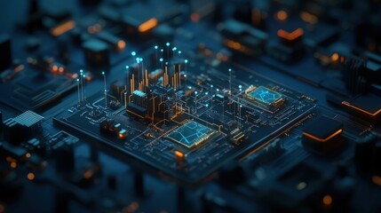 Poster - Futuristic Circuit Board with Glowing Elements and Data Streams Illuminating a High-Tech Microprocessor in a Dark Environment