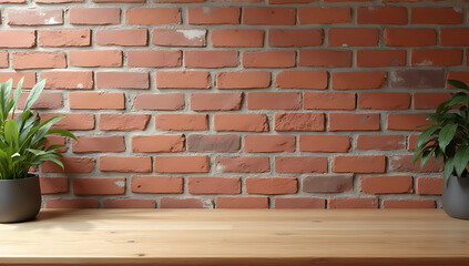 Aufkleber - A minimalist setup of a brown brick wall and an empty wooden table top for creating product displays or key visuals._00001_