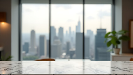 Poster - A marble topped background with a blurred cityscape through a large window adds elegance to an upscale product display setting._00002_