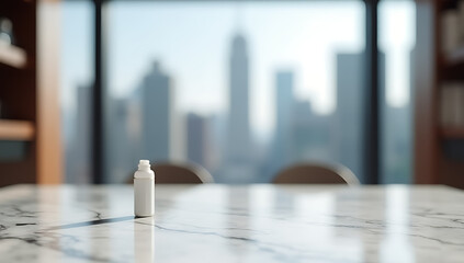 Aufkleber - A marble topped background with a blurred cityscape through a large window adds elegance to an upscale product display setting._00001_