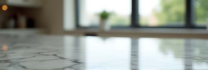 Poster - A marble tabletop with a blurred window reflection in the background creates an abstract selective focus effect visually._00002_