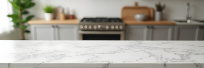 Poster - A marble table top is in sharp focus while a blurred kitchen background provides a contrasting visual effect._00001_