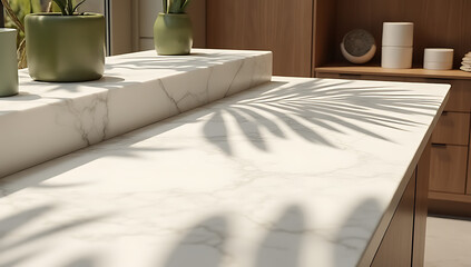 Aufkleber - A marble countertop serves as a versatile product display platform incorporating a subtle palm leaf pattern and shadow effect on its surface._00002_