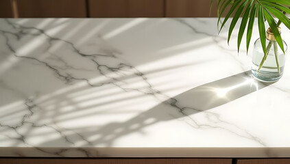 Aufkleber - A marble countertop serves as a versatile product display platform incorporating a subtle palm leaf pattern and shadow effect on its surface._00001_