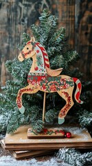 Sticker - Wooden rocking horse ornament with colorful patterns stands in front of a Christmas tree branch, dusted with snow, creating a nostalgic holiday scene.