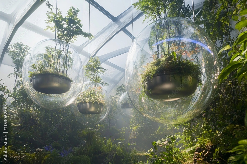 A futuristic botanical garden with rare prehistoric plants preserved in ...