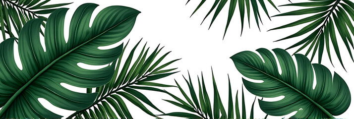 Poster - A large green jungle leaf sits on a simple black and white tropical leaves patterned background._00001_