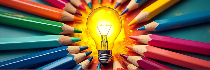 Aufkleber - A group of colorful pencils surround a light bulb in a playful painting promoting business creativity and education ideas._00002_