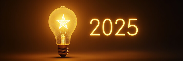 Poster - A gold light bulb and a 2025 text number illuminate a bright star with celebration and a countdown underway everywhere suddenly._00002_
