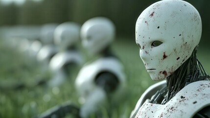 damaged robots in field ai technology future science fiction