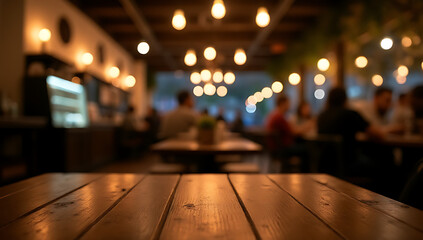 Aufkleber - A dimly lit wood table sits atop a blurred background of a bustling cafe at night, perfect for celebrations and lifestyle scenes._00002_