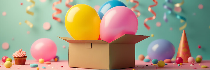 Poster - A colorful balloon is placed inside a paper box on a vibrant background surrounded by party decorations and celebration elements._00002_