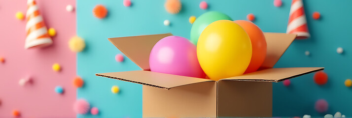 Poster - A colorful balloon is placed inside a paper box on a vibrant background surrounded by party decorations and celebration elements._00001_
