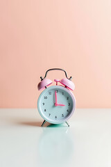 Poster - A colorful alarm clock sits on a soft pastel background in this tiny minimalist flat lay scene setup._00002_