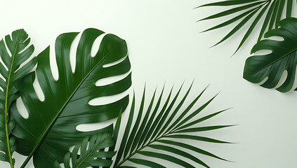 Aufkleber - A collection of tropical leaves with a foliage plant in white, set against an abstract leaf decoration design background._00001_