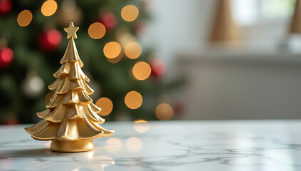 Poster - A Christmas tree ornament is blurred in the background against an empty marble tabletop._00001_
