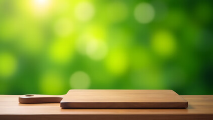 Poster - A chopping board sits on a wooden table amidst a blurred, vibrant green bokeh effect that fills the surrounding space thoroughly._00002_