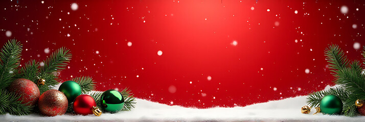 Poster - A Christmas design template features a winter scene with ornaments, pine branches, and a red background for holiday ideas and themes._00001_