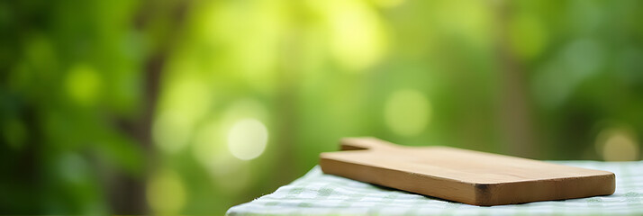 Poster - A chopping board lies on a tablecloth amidst a blurry green bokeh background with soft, blurred edges._00002_