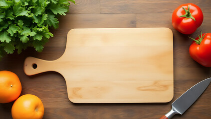 Aufkleber - A chopping board is placed on a wooden table in a simple composition for use as a design element or background._00001_