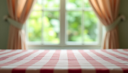 Aufkleber - A checkered tablecloth overlays a blurred curtain with a window view featuring greenery from a garden background._00001_