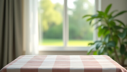 Aufkleber - A checkered tablecloth overlays a blurred curtain with a window view featuring greenery from a garden background._00002_