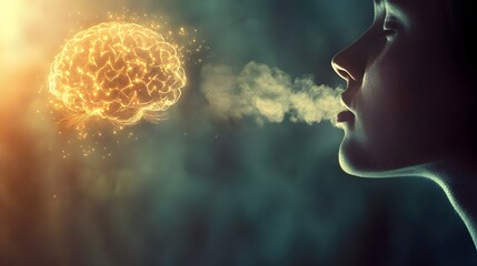 Aufkleber - Conceptual illustration of a woman's profile with glowing brain and creative thoughts emerging from her mouth symbolizing inspiration and imagination