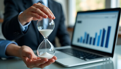 Wall Mural - a businessman holds an hourglass near a graph chart displayed on his computer laptop, symbolizing ti