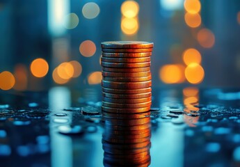 Poster - Reflective Stacked Coins with Blurred City Lights in Background, Symbolizing Wealth, Prosperity, and Financial Growth in an Urban Environment