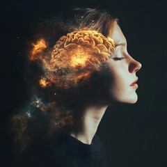 Aufkleber - Surreal Portrait of a Woman with a Cosmic Brain, Blending Human Emotion and Celestial Imagery in a Dreamlike Visual Experience