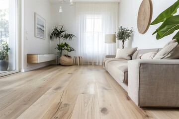 Poster - Scandinavian-inspired living room interior design with light oak flooring, white walls, a beige sofa, and minimalist decor, creating a cozy and serene environment.