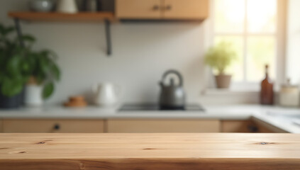 Aufkleber - A blurred kitchen counter serves as a subtle backdrop for a wooden table top in selective focus imagery._00001_