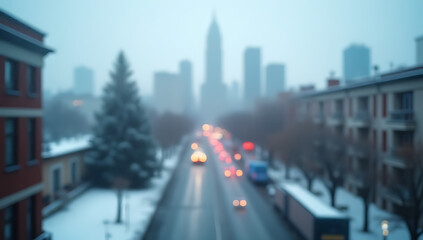 Poster - A blurred cityscape is visible through frosted window glass on a cold winter day outside the apartment._00001_
