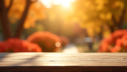 Poster - A beautifully crafted wood table showcases a blurred orange garden scene perfect for product displays and design visuals._00002_
