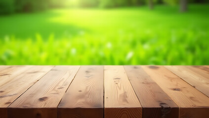 Poster - A beautiful pine wood textured table top or counter island is set against a serene green grass lawn background template layout._00002_