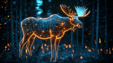 Wall Mural - A digital satellite imagery icon with a glowing moose, symbolizing online wildlife tracking platforms monitoring habitat changes. 