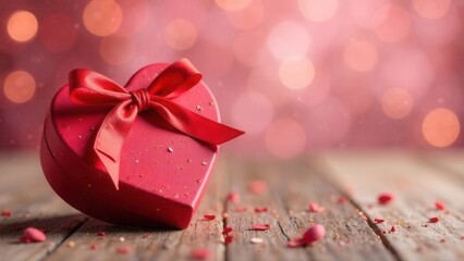 Wall Mural - A red heartshaped gift box with a bow on a wooden table