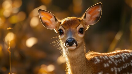 Poster - In a serene woodland, a young deer stands still, its striking eyes wide open, taking in the beauty around
