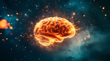 Aufkleber - Vibrant and Dynamic Concept of Human Brain Surrounded by Abstract Colorful Particles and Sparks in Cosmic Background