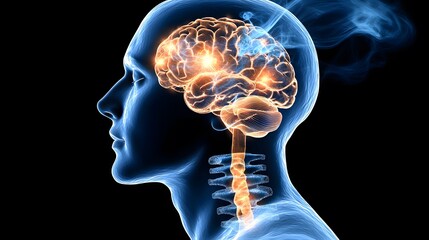 Aufkleber - Conceptual Illustration of a Human Brain Signaling Activity with Neon Light Effects Representing Neurological Processes and Cognitive Functions