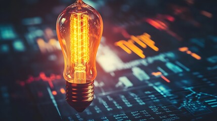 Poster - Illuminated Vintage Lightbulb Above Financial Data Charts