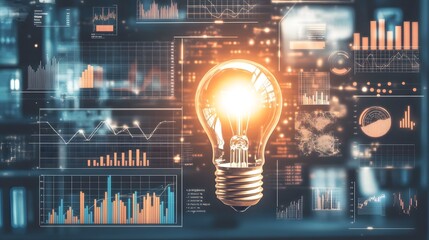 Poster - Illuminated Lightbulb Amidst Data Charts and Graphs