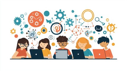 Poster - Students Engaged in Online Learning with Laptops and Digital Elements in a Creative Educational Environment