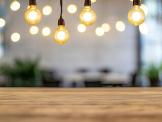 Wall Mural - A cozy interior scene featuring glowing light bulbs hanging above a wooden surface, with a softly blurred background of plants and a warm ambiance.